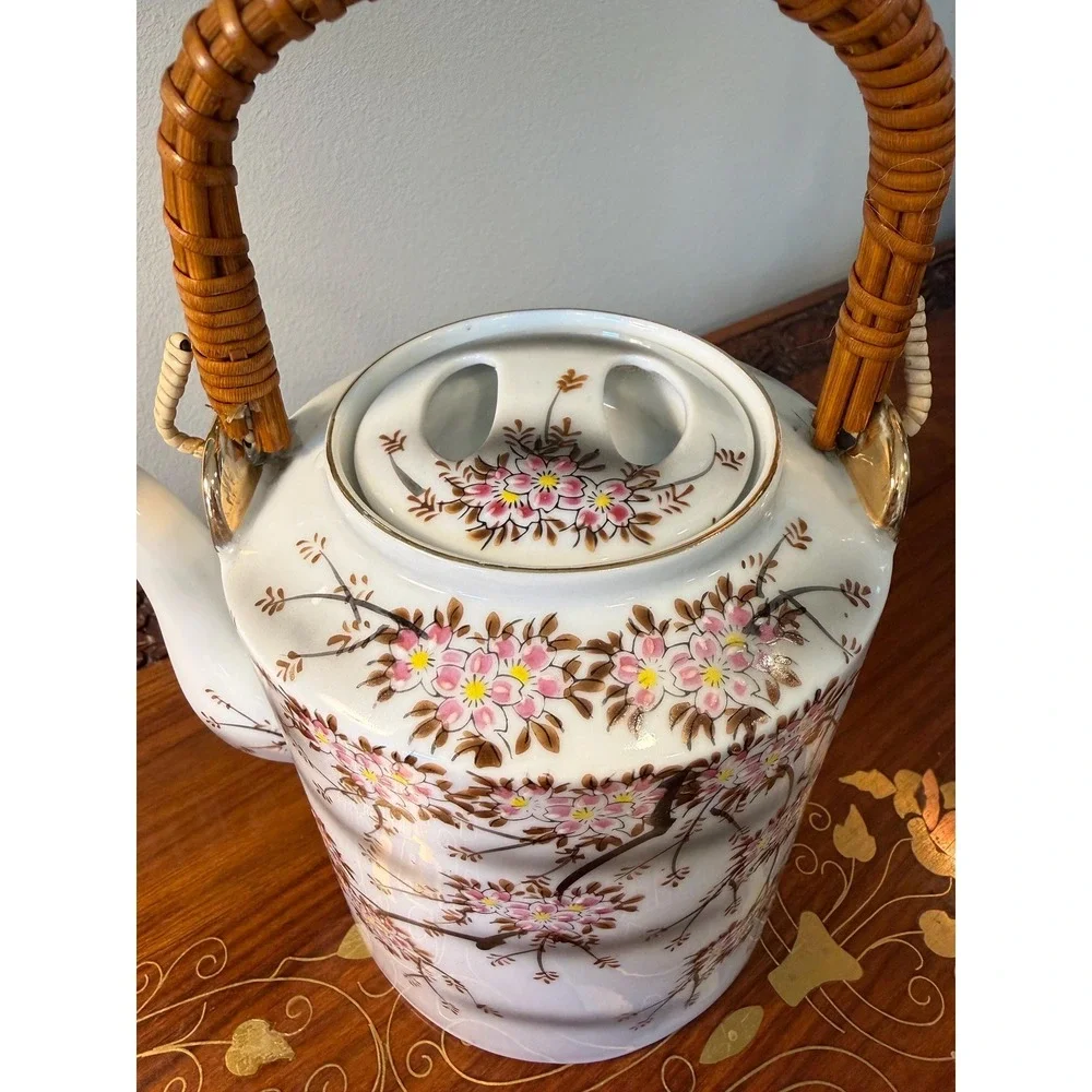 Vintage Cherry Blossom Teapot with Rattan Handle • Porcelain Floral Tea Pot‎